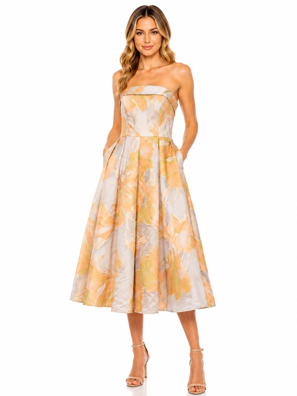 Mac Duggal -  Peach‎ Multi Floral Brocade Strapless Midi Dress